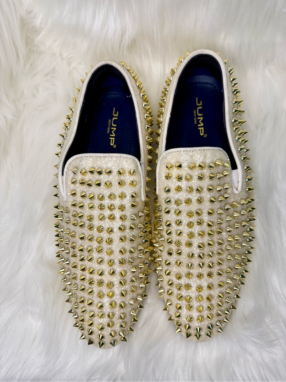 Pearl White Slip-On Men's Studded Loafers with Gold Spikes - Picture 4 of 6